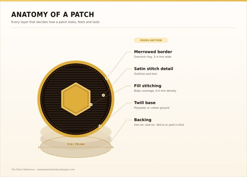 Cross-section diagram of a patch showing the merrowed border, satin stitch detail, fill stitching, twill base and backing
