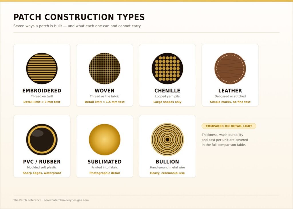 Comparison of seven patch construction types: embroidered, woven, chenille, leather, PVC, sublimated and bullion