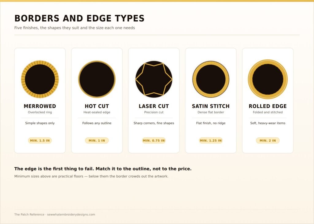 Diagram comparing merrowed, hot cut, laser cut, satin stitch and rolled patch edges with the minimum size each needs