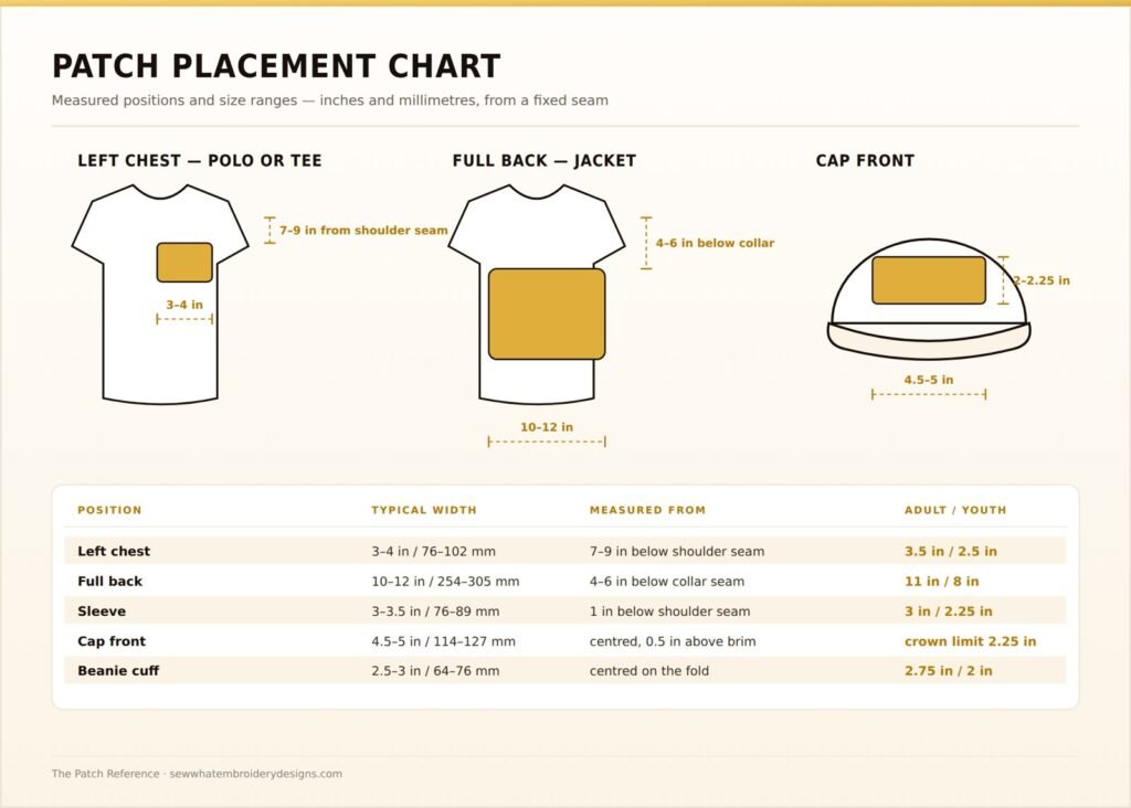 Patch placement chart with measured positions and size ranges for left chest, full back, sleeve, cap front and beanie cuff