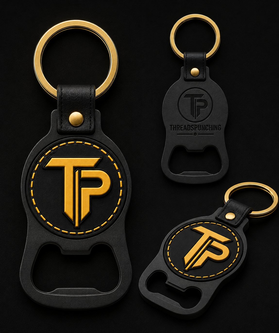 Custom bottle opener keychains with an embroidered emblem