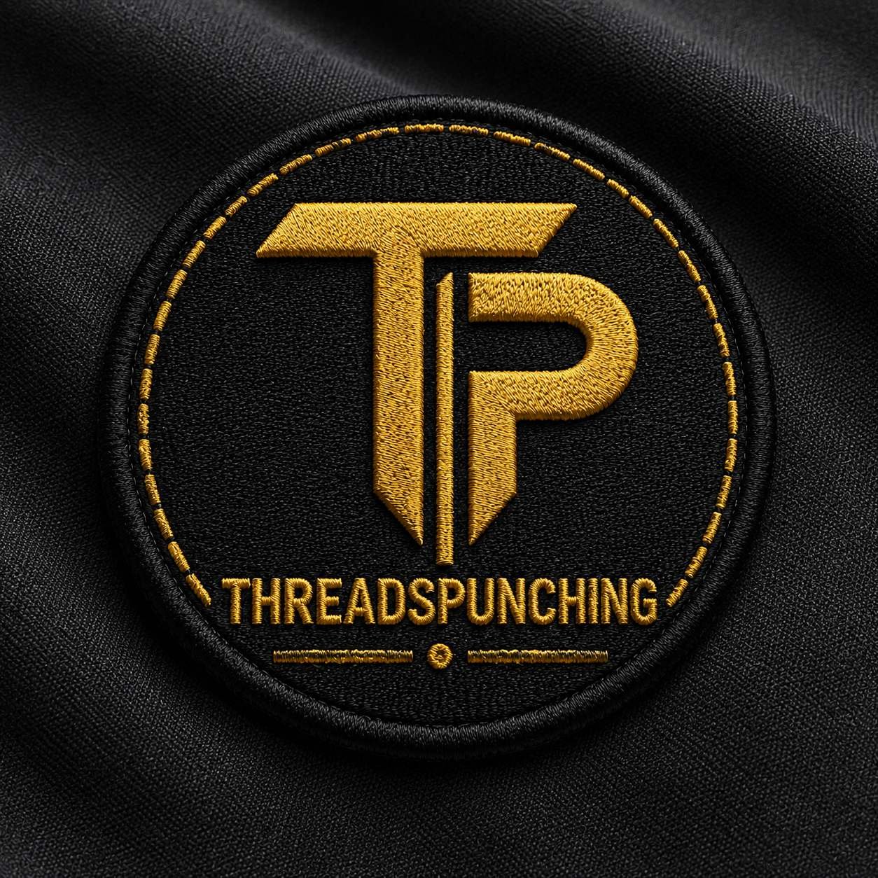 Custom embroidered twill patch with a merrowed border and gold thread detail