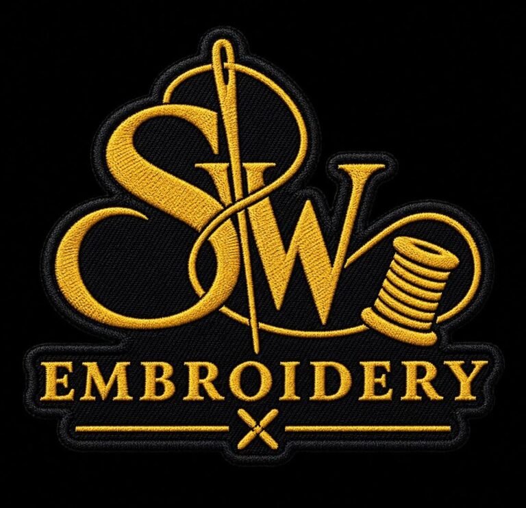 Custom embroidered twill patch with a merrowed border and gold thread detail