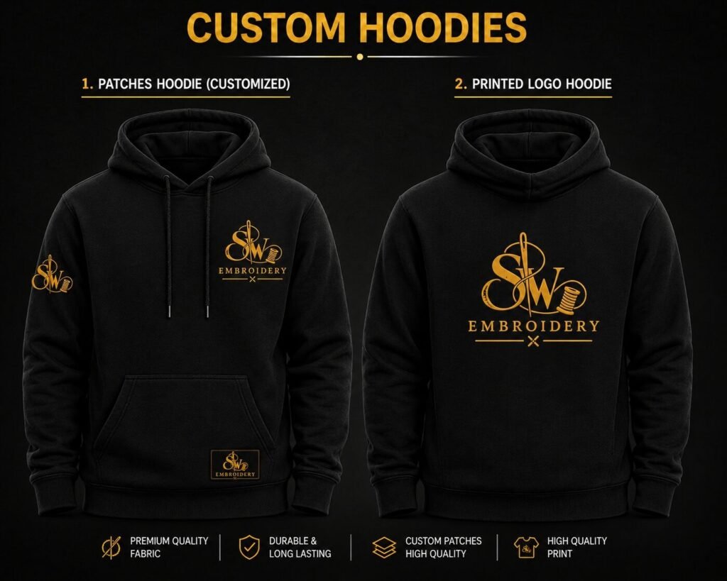 Custom hoodies with an embroidered patch and printed logo