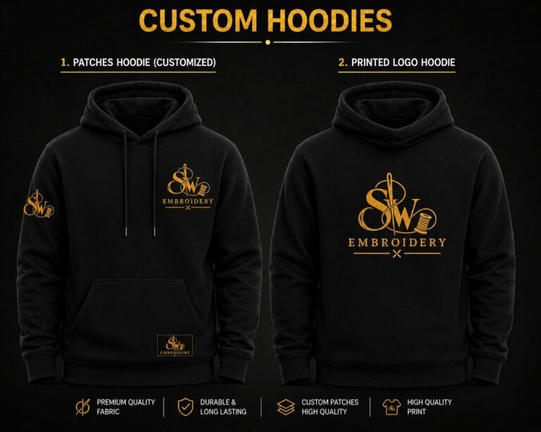 Custom hoodies with an embroidered patch and printed logo