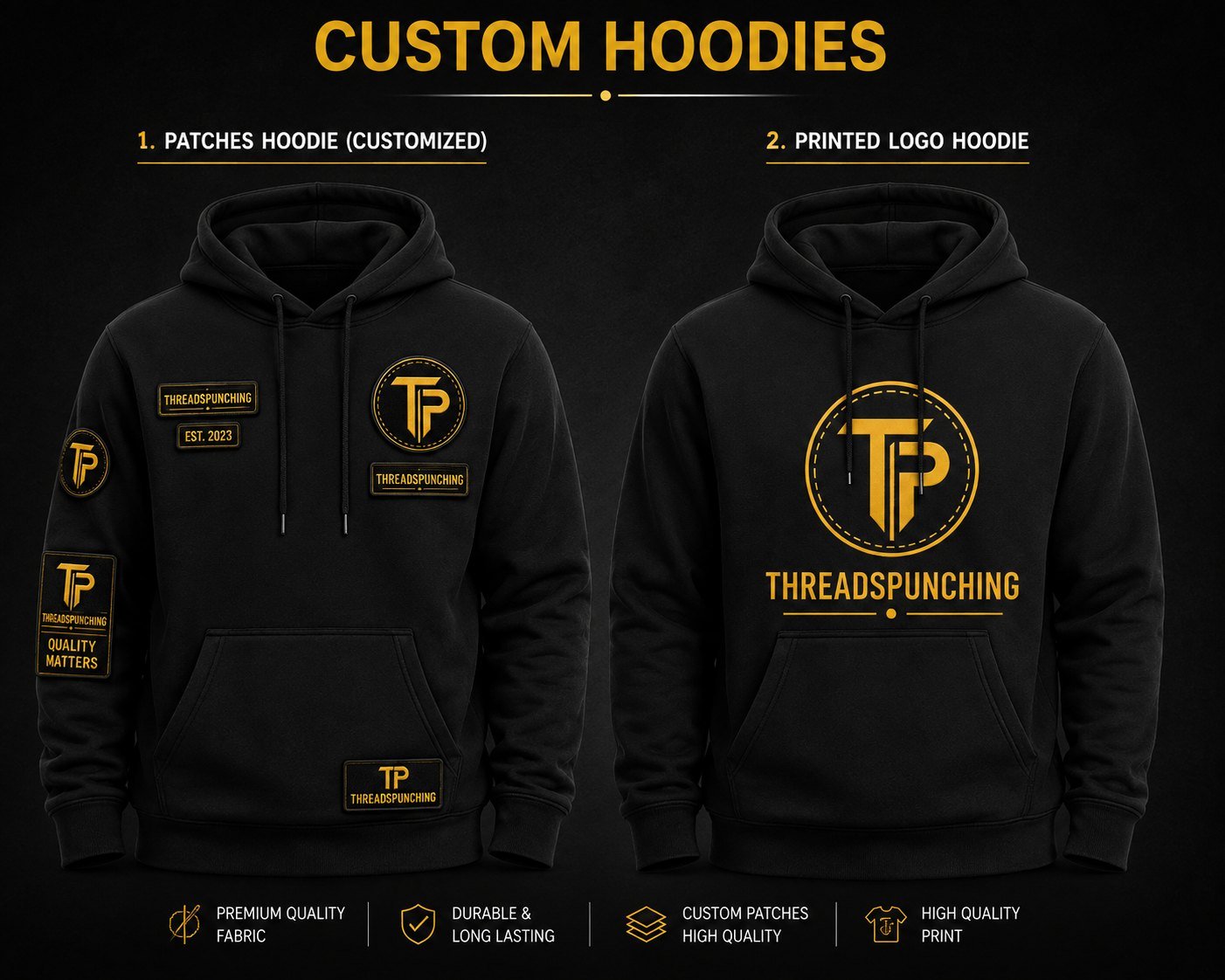 Custom hoodies with an embroidered patch and printed logo