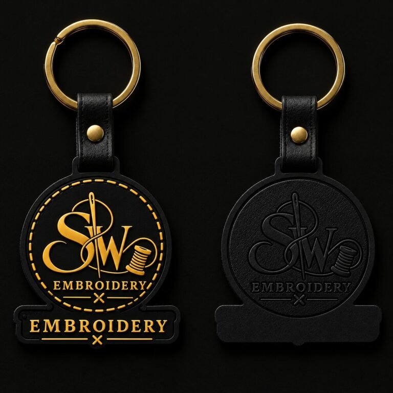 Custom embroidered keychains with a leather strap and metal ring