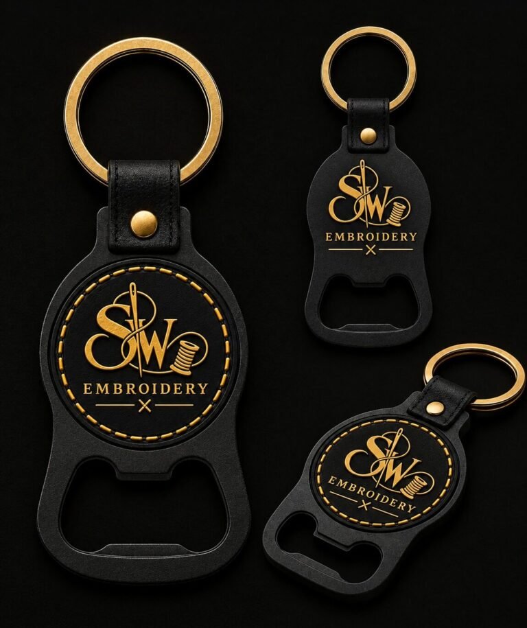 Custom bottle opener keychains with an embroidered emblem