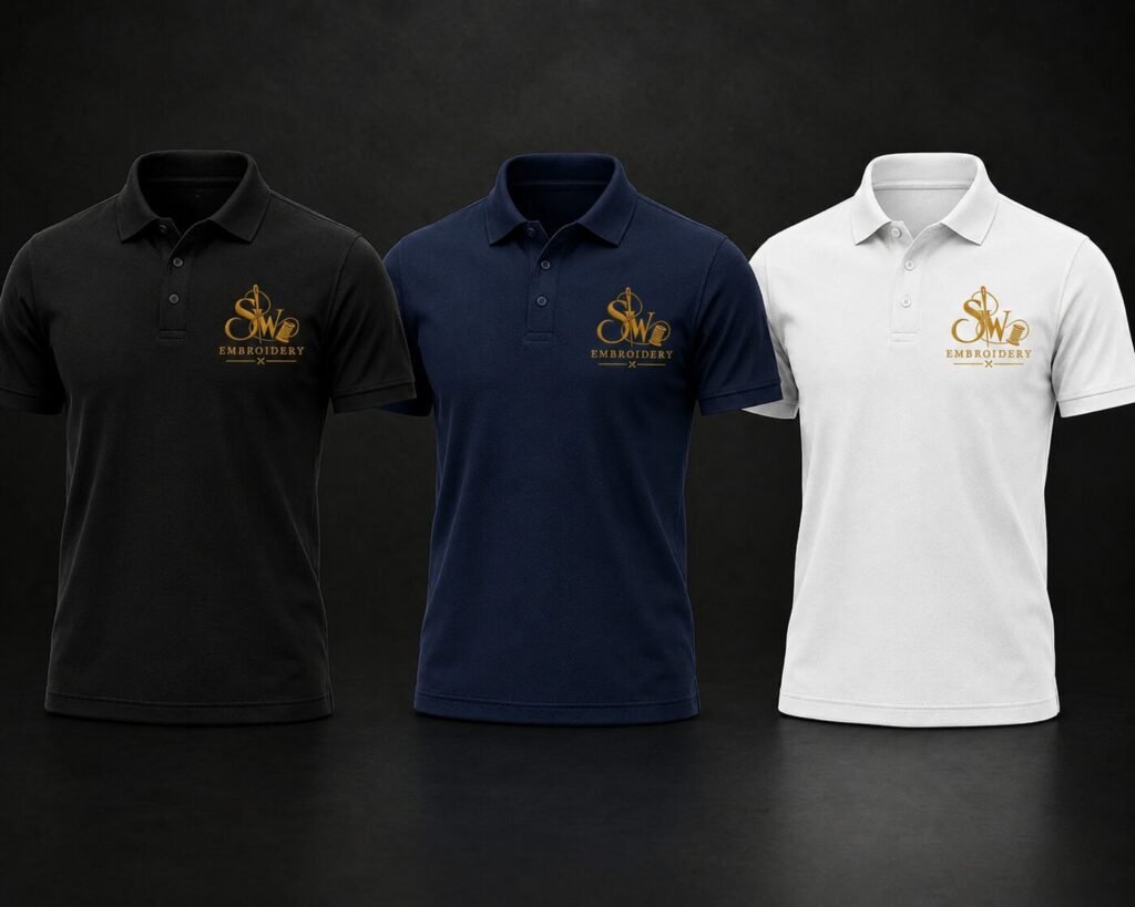 Custom embroidered polo shirts in black, navy and white