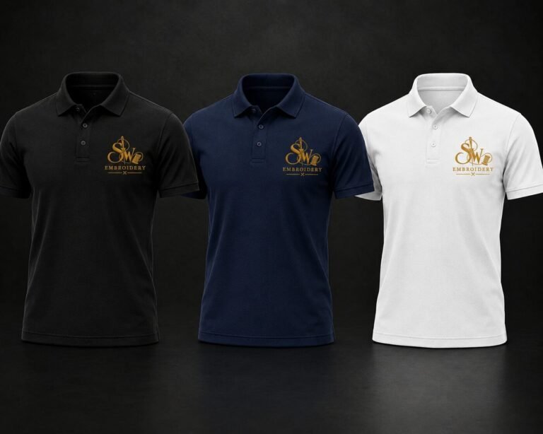 Custom embroidered polo shirts in black, navy and white