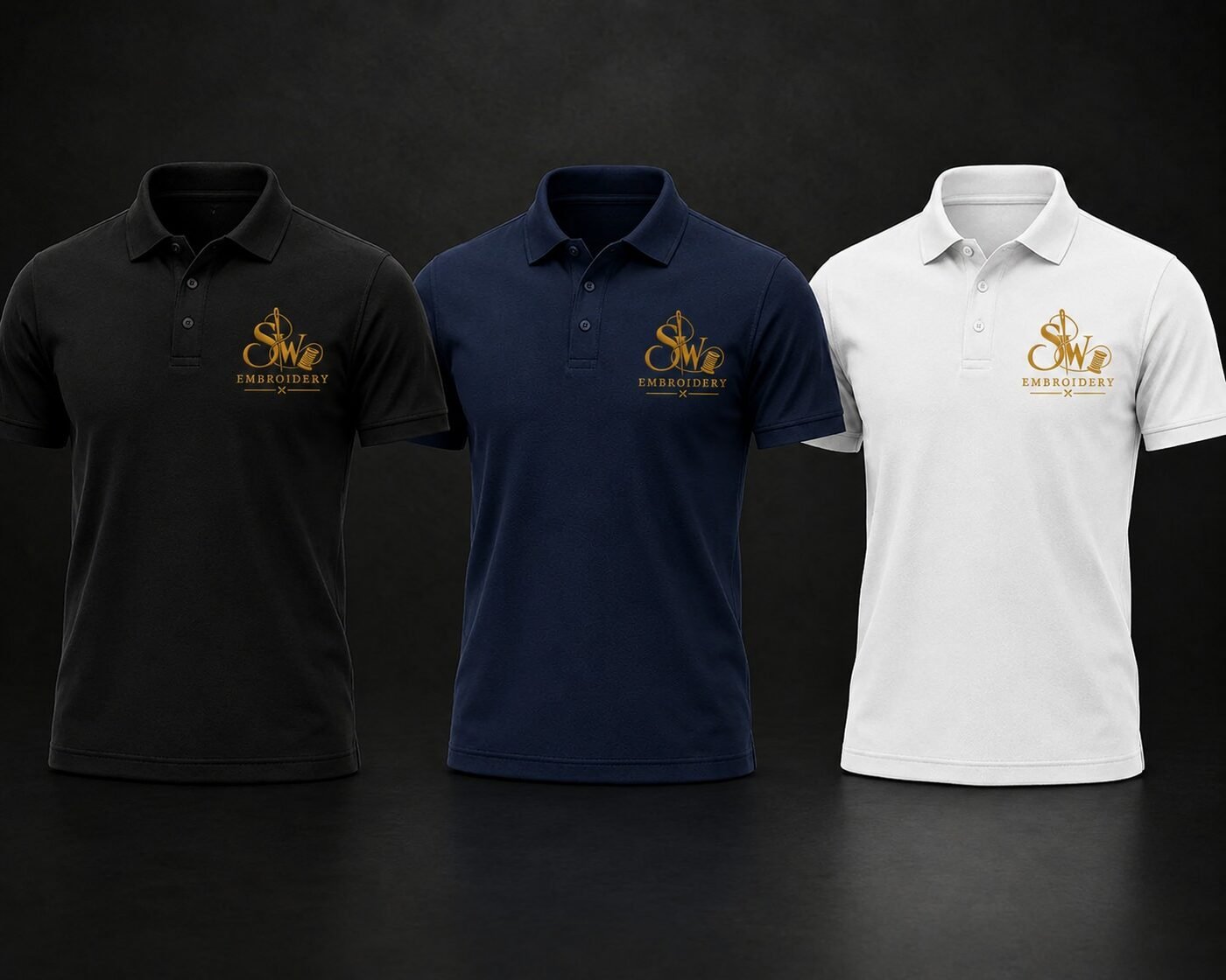 Custom embroidered polo shirts in black, navy and white