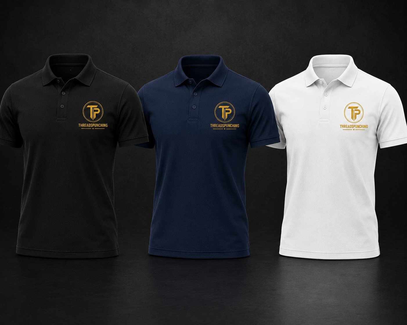Custom embroidered polo shirts in black, navy and white