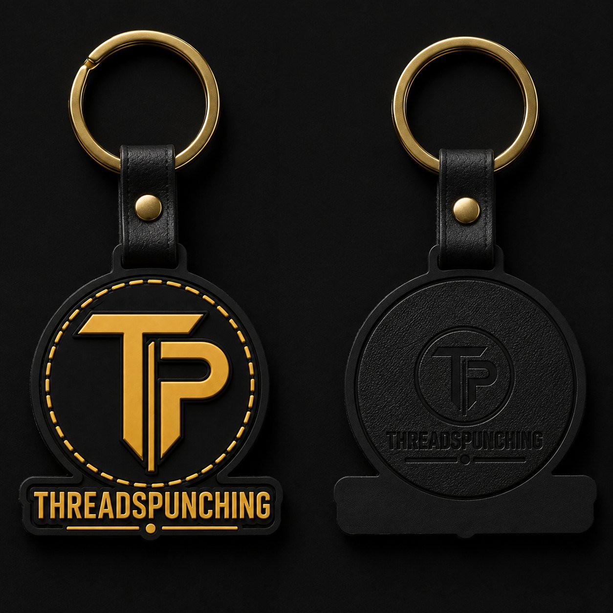 Custom embroidered keychains with a leather strap and metal ring