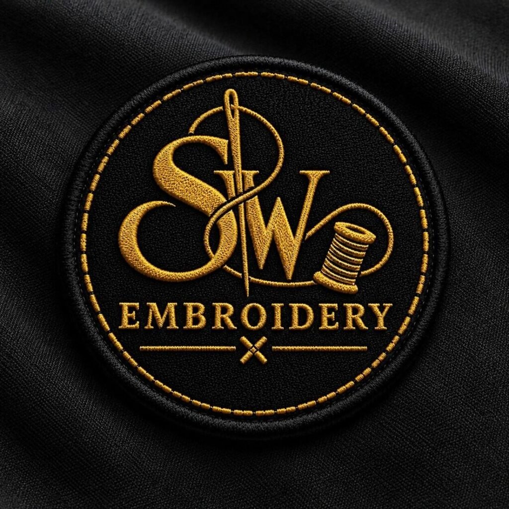 Embroidered SW Embroidery patch on black fabric