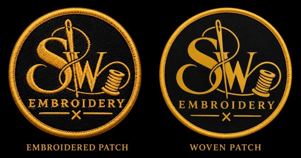 Embroidered patch and woven patch side by side, SW Embroidery