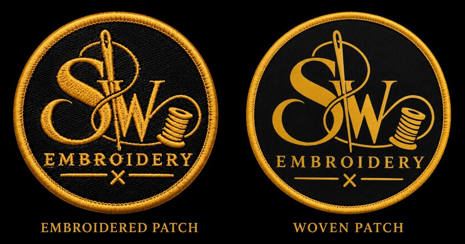 The SW Embroidery logo made two ways: an embroidered patch in raised gold stitching beside a woven patch with flatter, finer detail