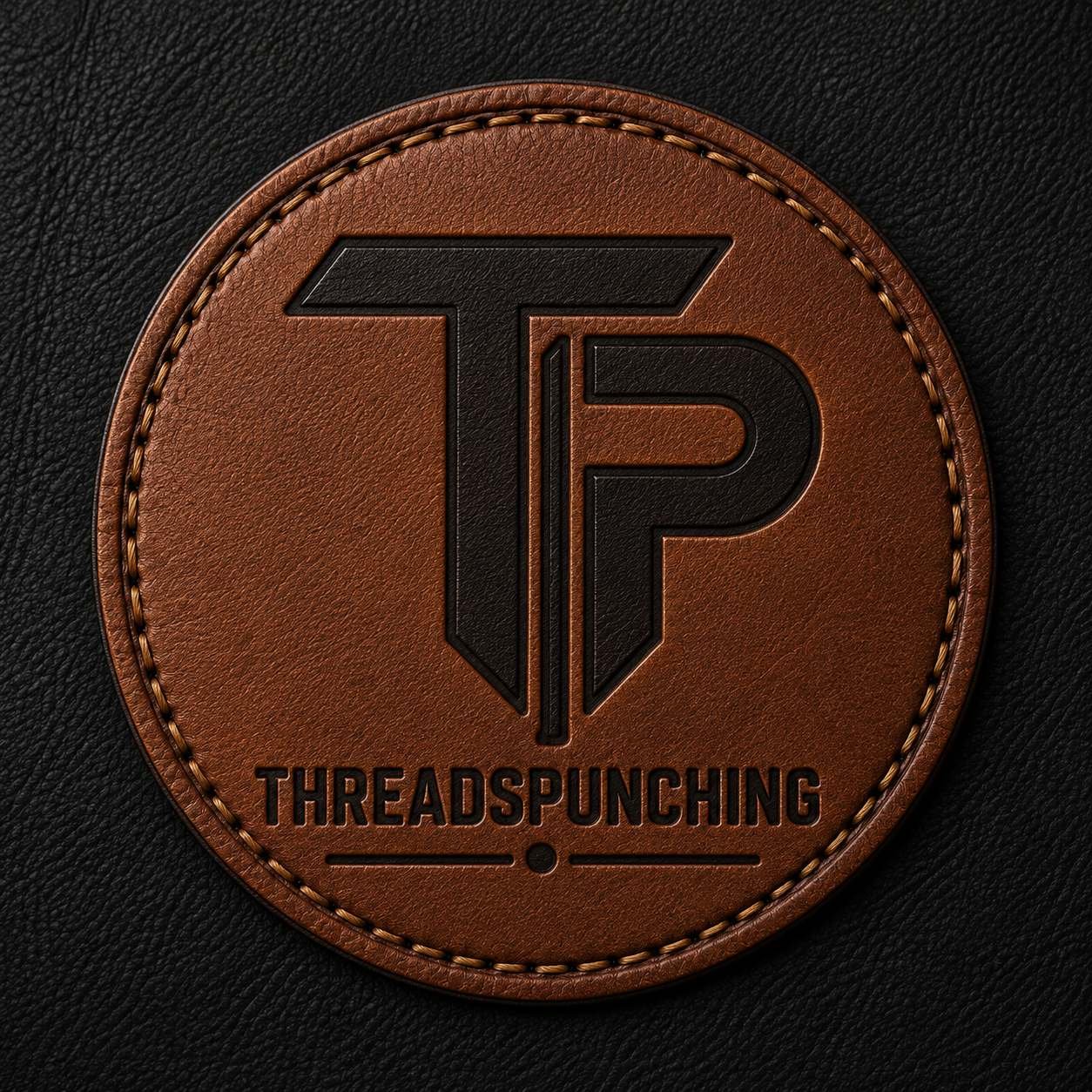 Genuine leather patch with a debossed logo and stitched edge