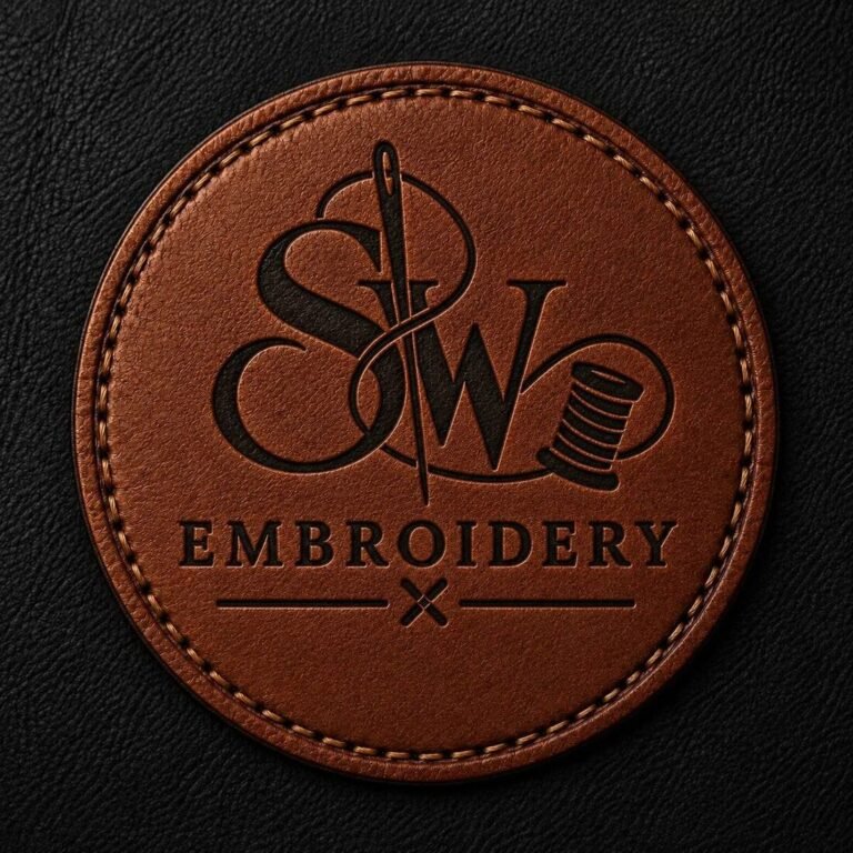 Genuine leather patch with a debossed logo and stitched edge