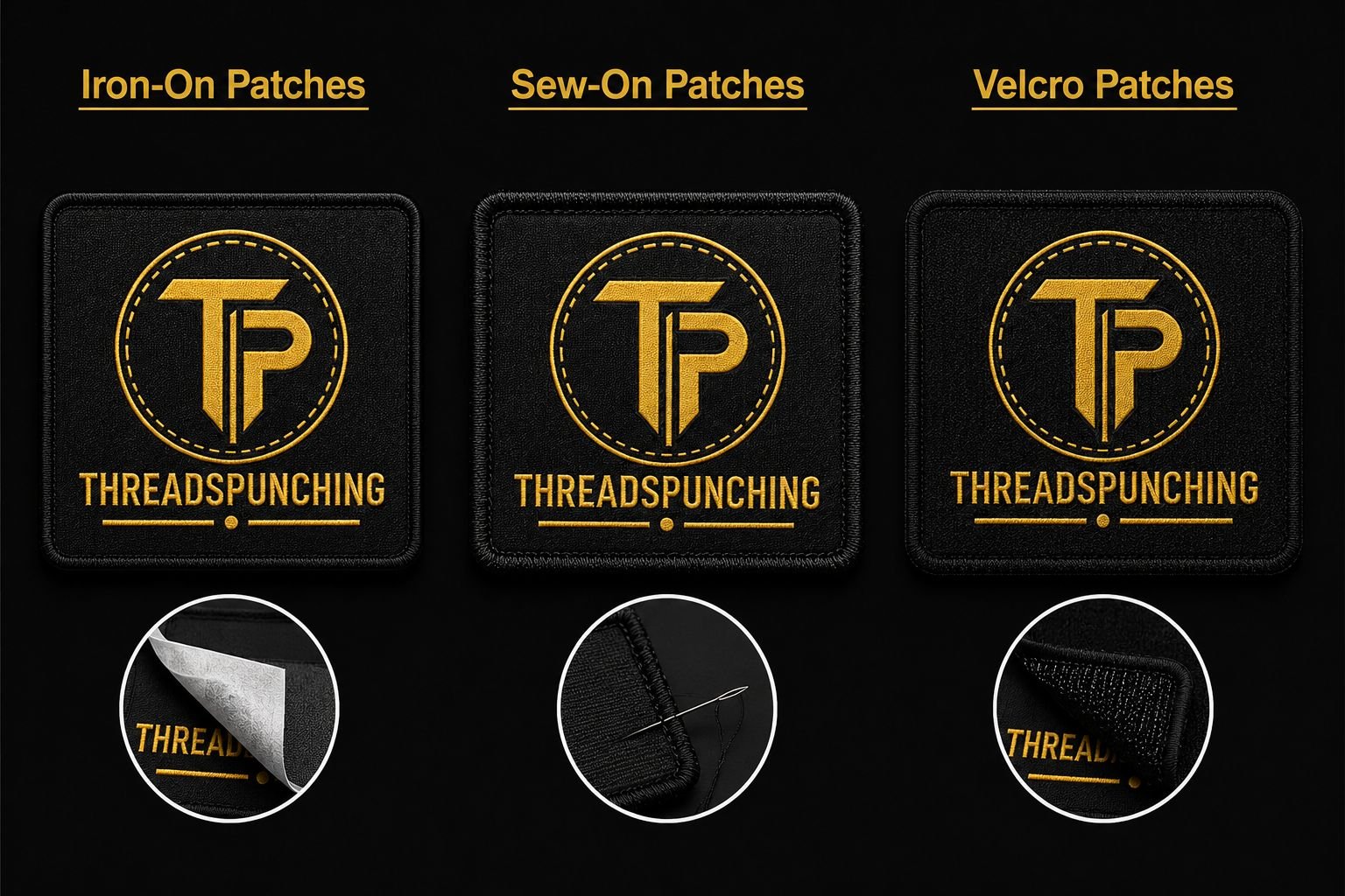Iron-on, sew-on and Velcro patch backings compared side by side