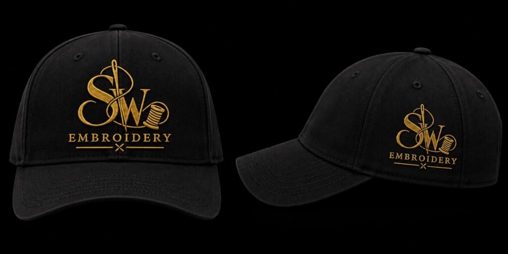 Black cap with an SW Embroidery patch, shown front and side