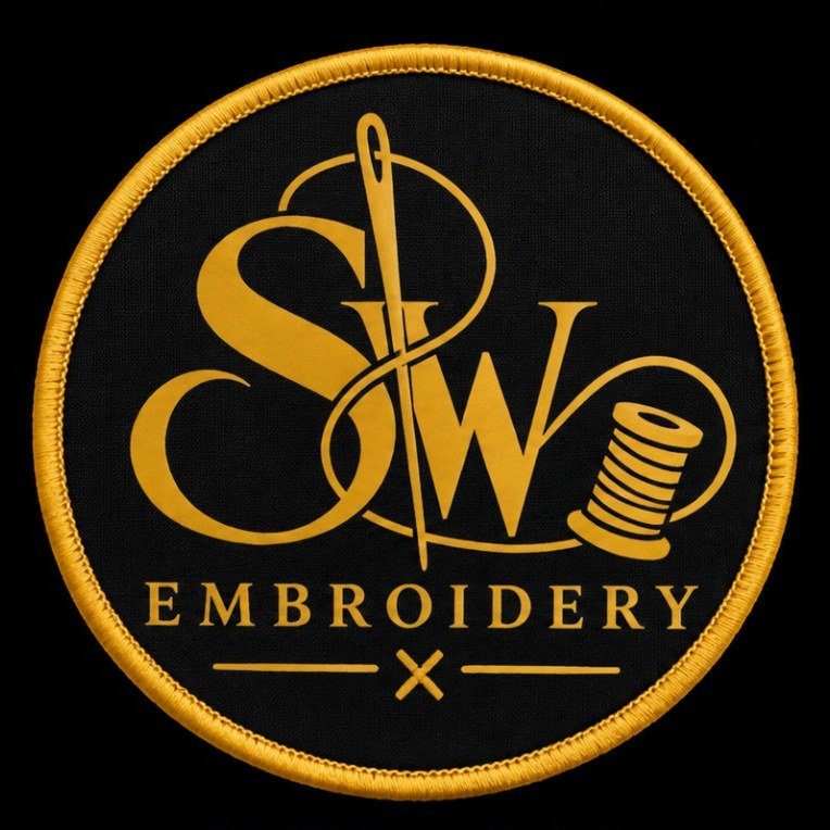 Woven SW Embroidery patch, flat damask detail in gold on black with a merrowed border