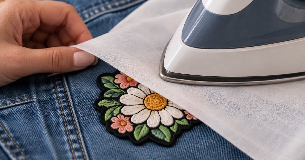 Iron-on patch being pressed onto denim through a pressing cloth