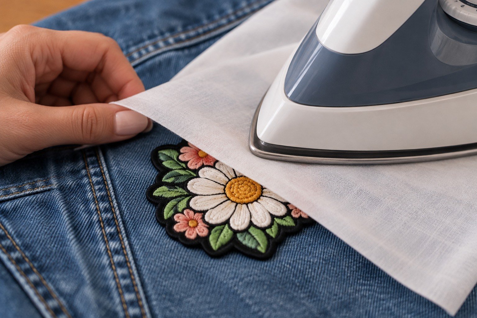 Custom iron-on patch being applied